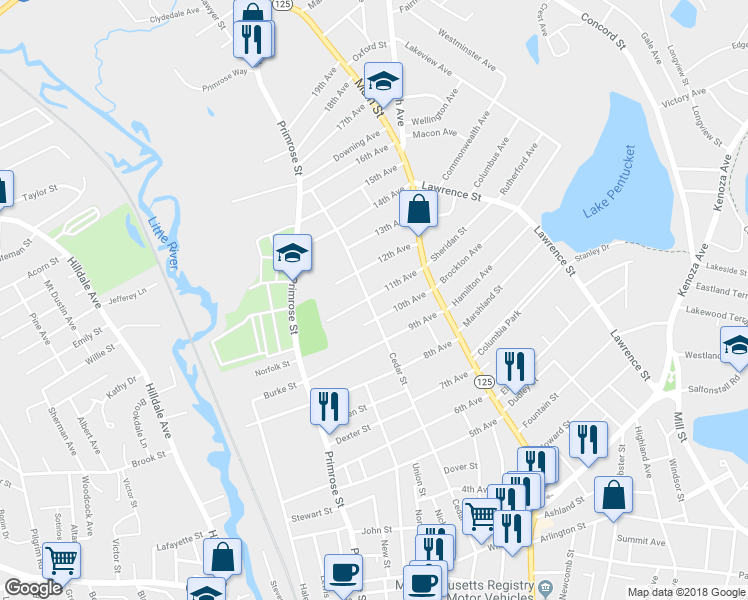map of restaurants, bars, coffee shops, grocery stores, and more near 145 Cedar Street in Haverhill