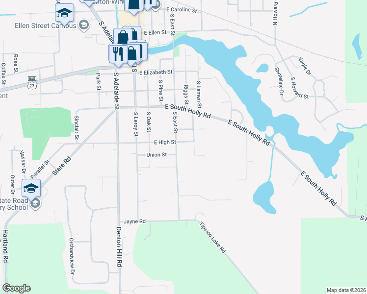 map of restaurants, bars, coffee shops, grocery stores, and more near 801 South East Street in Fenton