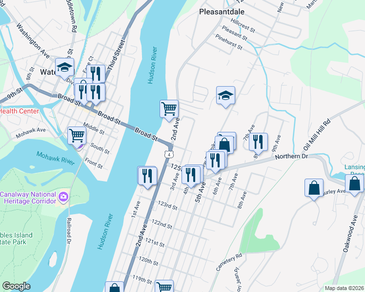 map of restaurants, bars, coffee shops, grocery stores, and more near 922 3rd Avenue in Troy