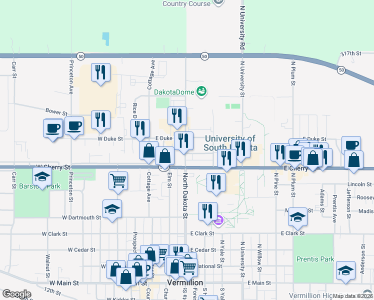 map of restaurants, bars, coffee shops, grocery stores, and more near 215 Spruce Street in Vermillion