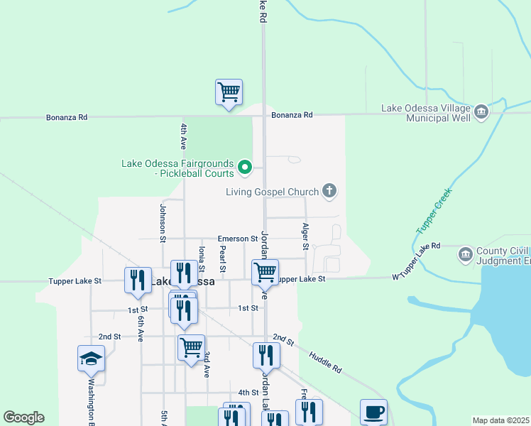 map of restaurants, bars, coffee shops, grocery stores, and more near 1524 Jordan Lake Avenue in Lake Odessa