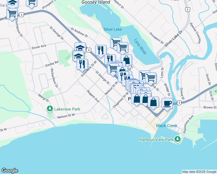 map of restaurants, bars, coffee shops, grocery stores, and more near 501 Saint George Street in Port Dover