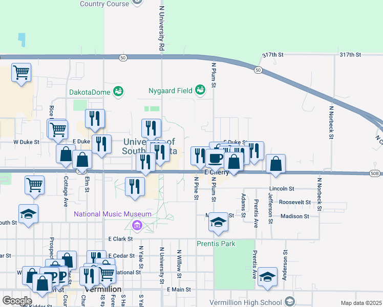 map of restaurants, bars, coffee shops, grocery stores, and more near in Vermillion