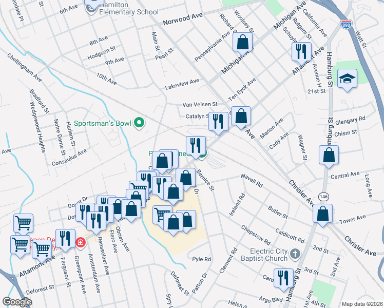map of restaurants, bars, coffee shops, grocery stores, and more near 1139 Altamont Avenue in Schenectady