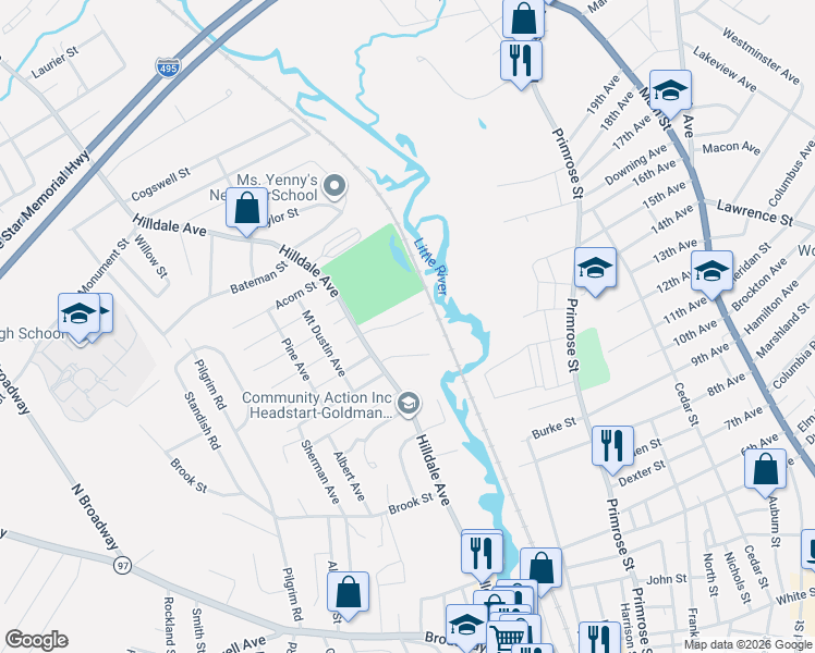 map of restaurants, bars, coffee shops, grocery stores, and more near 12 Greenhill Farm Road in Haverhill