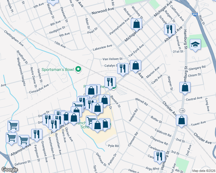 map of restaurants, bars, coffee shops, grocery stores, and more near 1139 Altamont Avenue in Schenectady