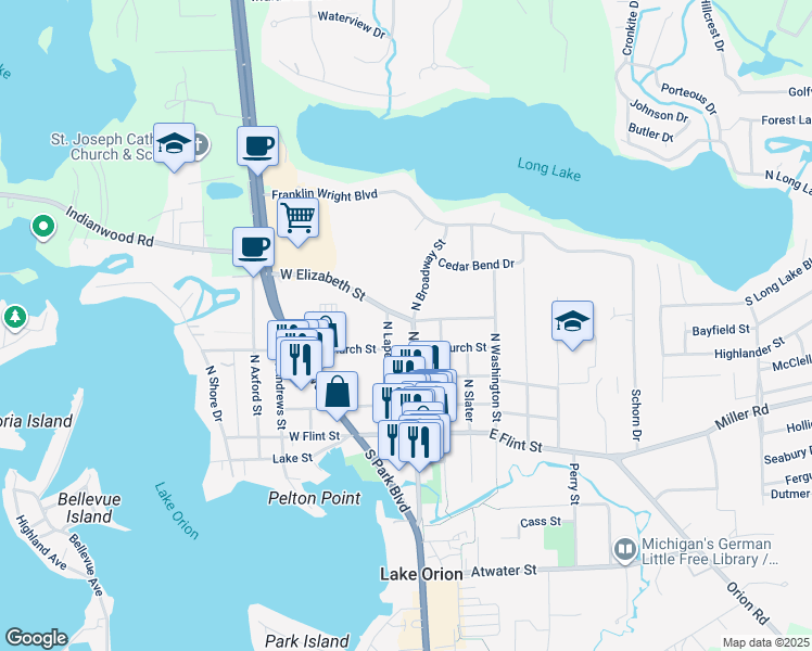 map of restaurants, bars, coffee shops, grocery stores, and more near 21 East Church Street in Orion charter Township