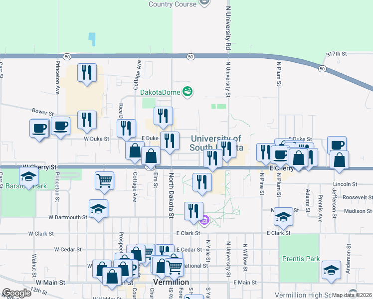 map of restaurants, bars, coffee shops, grocery stores, and more near 215 Spruce Street in Vermillion