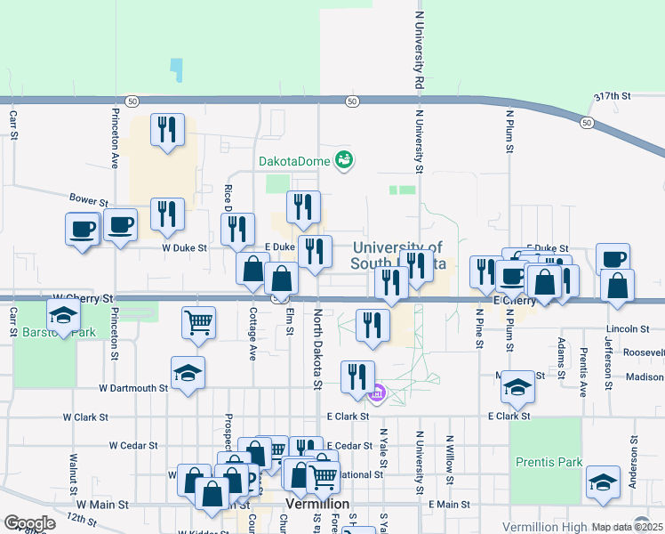 map of restaurants, bars, coffee shops, grocery stores, and more near 215 Spruce Street in Vermillion