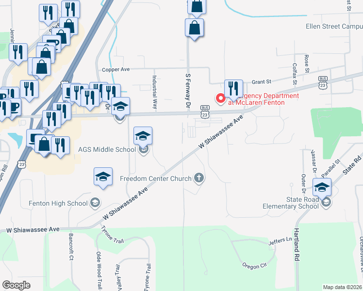 map of restaurants, bars, coffee shops, grocery stores, and more near Pvt Gravel Pit Road in Fenton