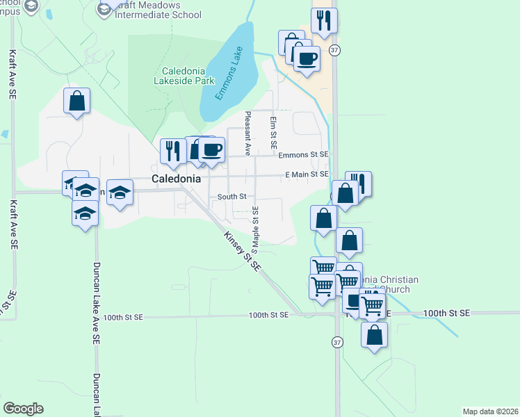 map of restaurants, bars, coffee shops, grocery stores, and more near 219 South Maple Street Southeast in Caledonia