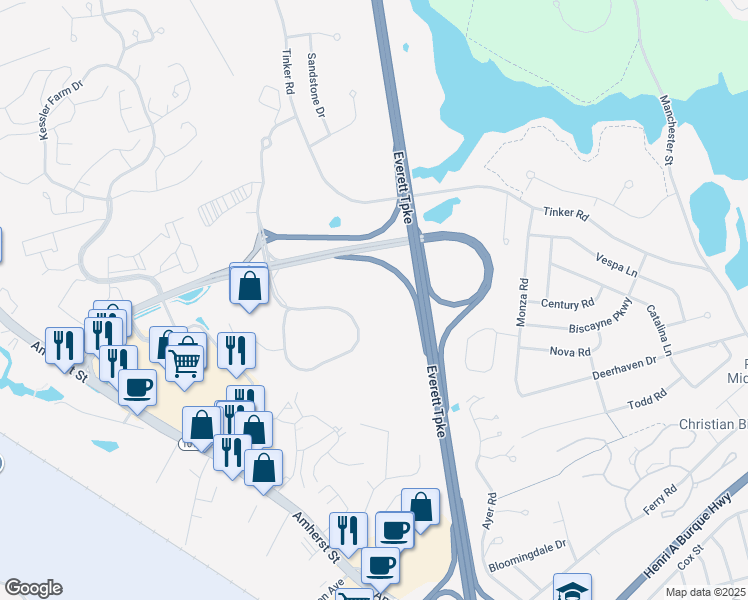 map of restaurants, bars, coffee shops, grocery stores, and more near 2000 Southwood Drive in Nashua