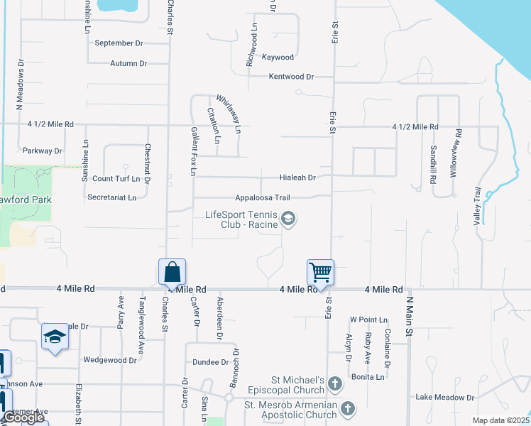 map of restaurants, bars, coffee shops, grocery stores, and more near 5102 Briarwood Lane in Racine