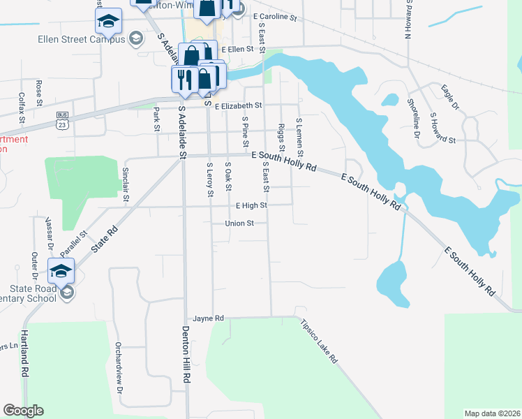 map of restaurants, bars, coffee shops, grocery stores, and more near 800 South East Street in Fenton