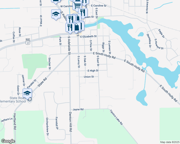 map of restaurants, bars, coffee shops, grocery stores, and more near 210 East High Street in Fenton