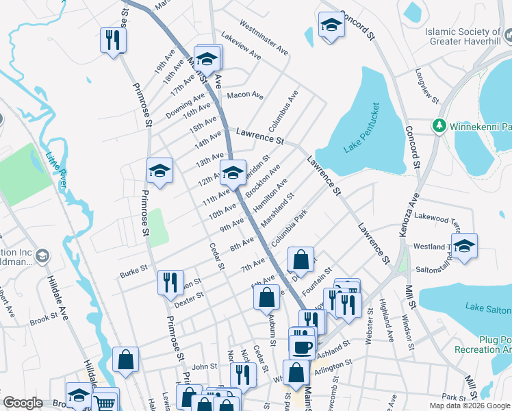 map of restaurants, bars, coffee shops, grocery stores, and more near 471 Main Street in Haverhill