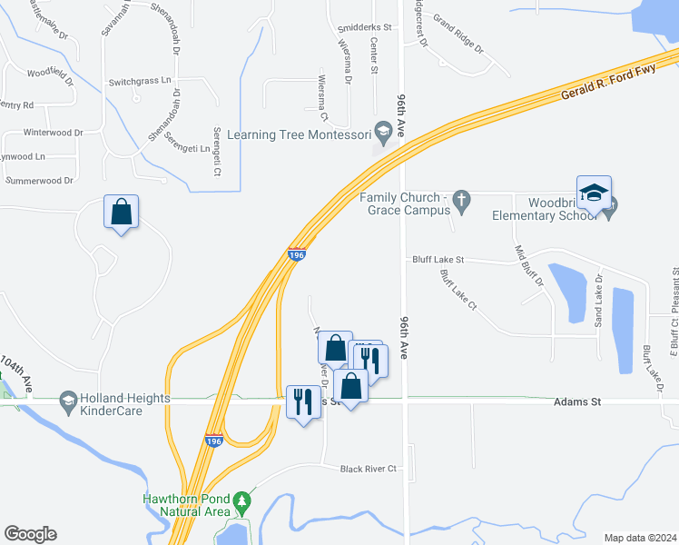 map of restaurants, bars, coffee shops, grocery stores, and more near 1012 North Black river Drive in Holland