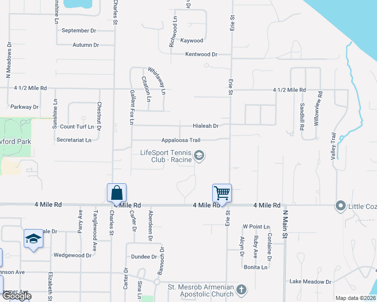 map of restaurants, bars, coffee shops, grocery stores, and more near 5102 Briarwood Ln in Racine