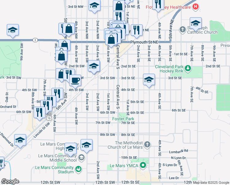 map of restaurants, bars, coffee shops, grocery stores, and more near 427 Central Avenue South in Le Mars
