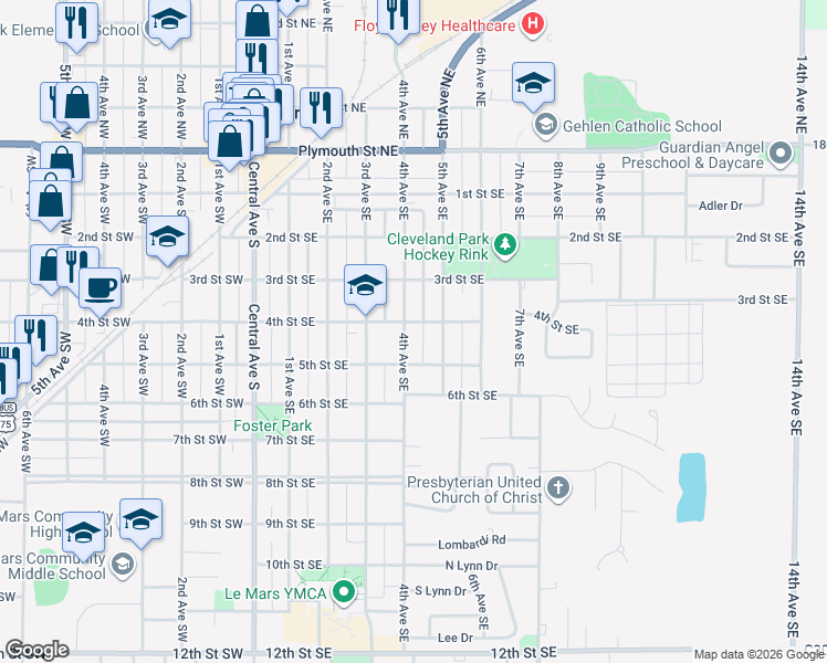 map of restaurants, bars, coffee shops, grocery stores, and more near 400 4th Avenue Southeast in Le Mars