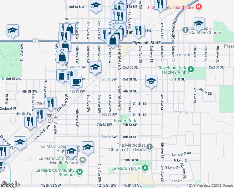 map of restaurants, bars, coffee shops, grocery stores, and more near 427 Central Avenue South in Le Mars
