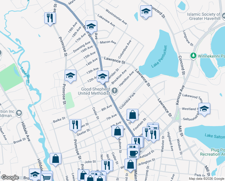 map of restaurants, bars, coffee shops, grocery stores, and more near 471 Main Street in Haverhill