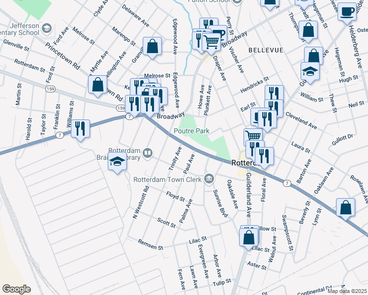 map of restaurants, bars, coffee shops, grocery stores, and more near 1009 Trinity Avenue in Rotterdam