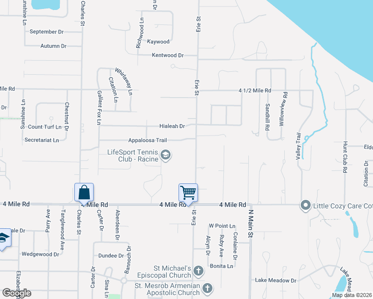 map of restaurants, bars, coffee shops, grocery stores, and more near 5218 Erie Street in Racine