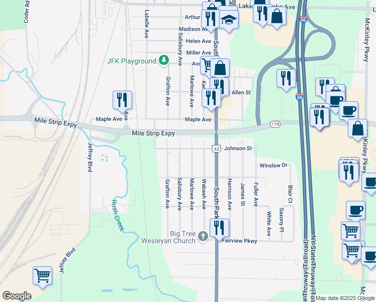 map of restaurants, bars, coffee shops, grocery stores, and more near 3583 Salisbury Avenue in Buffalo