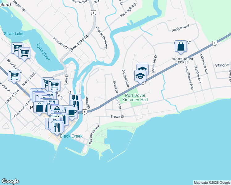 map of restaurants, bars, coffee shops, grocery stores, and more near 67 Ontario 6 in Port Dover