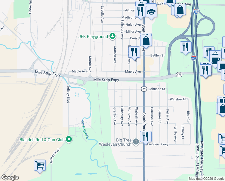map of restaurants, bars, coffee shops, grocery stores, and more near 3564 Grafton Avenue in Buffalo