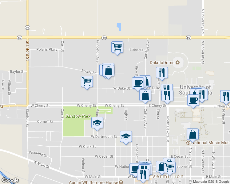 map of restaurants, bars, coffee shops, grocery stores, and more near 815 Radcliffe Circle in Vermillion
