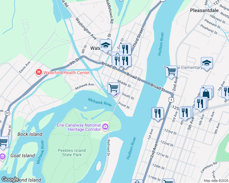 map of restaurants, bars, coffee shops, grocery stores, and more near 1 Tugboat Alley in Waterford