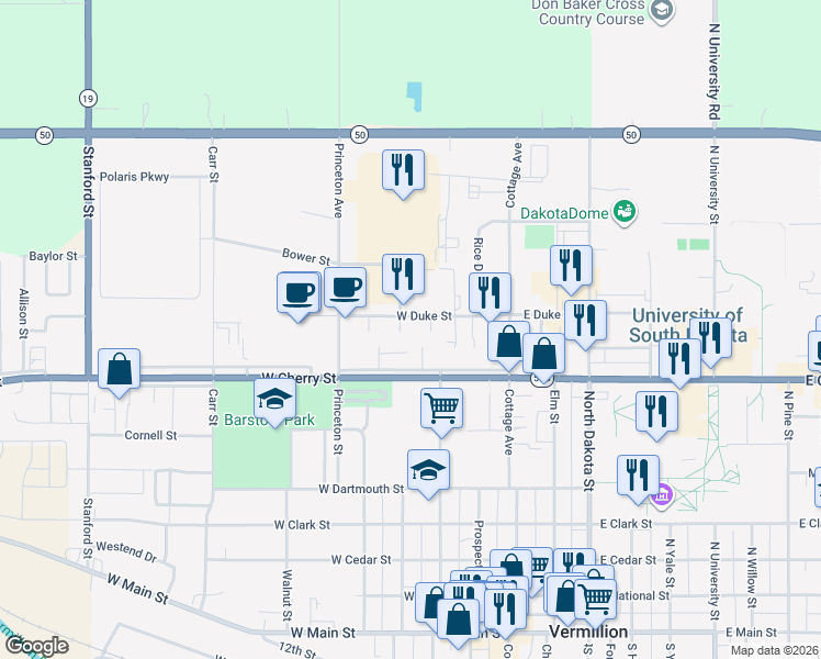 map of restaurants, bars, coffee shops, grocery stores, and more near 209 West Cherry Street in Vermillion