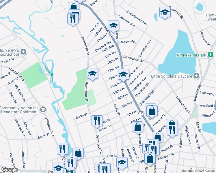 map of restaurants, bars, coffee shops, grocery stores, and more near 34 11th Avenue in Haverhill