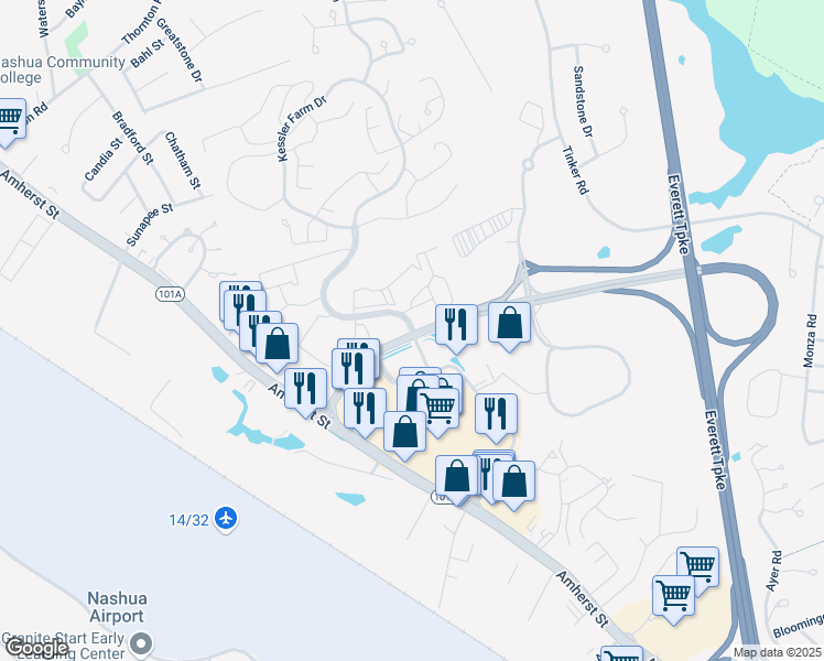 map of restaurants, bars, coffee shops, grocery stores, and more near 1 Trafalgar Square in Nashua