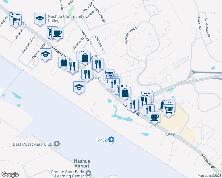 map of restaurants, bars, coffee shops, grocery stores, and more near 420 Amherst Street in Nashua