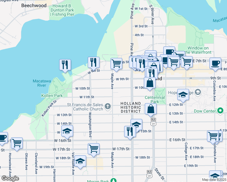 map of restaurants, bars, coffee shops, grocery stores, and more near 268 Maple Avenue in Holland