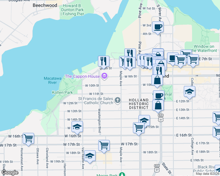 map of restaurants, bars, coffee shops, grocery stores, and more near 209 West 11th Street in Holland