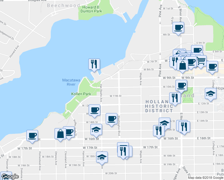 map of restaurants, bars, coffee shops, grocery stores, and more near 265 West 11th Street in Holland