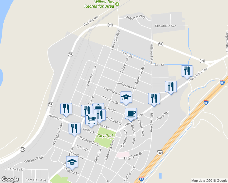 map of restaurants, bars, coffee shops, grocery stores, and more near 299 Madison Street in American Falls