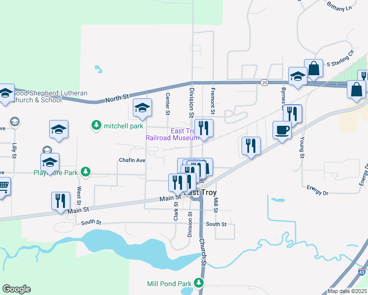 map of restaurants, bars, coffee shops, grocery stores, and more near 2015 Division Street in East Troy