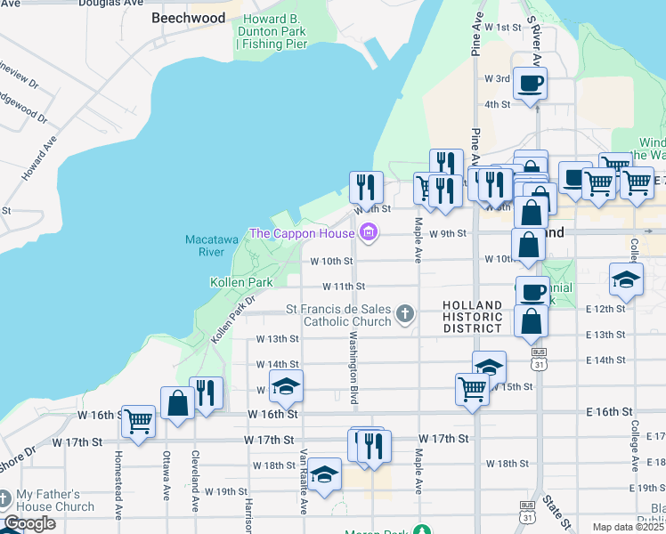 map of restaurants, bars, coffee shops, grocery stores, and more near 252 West 10th Street in Holland