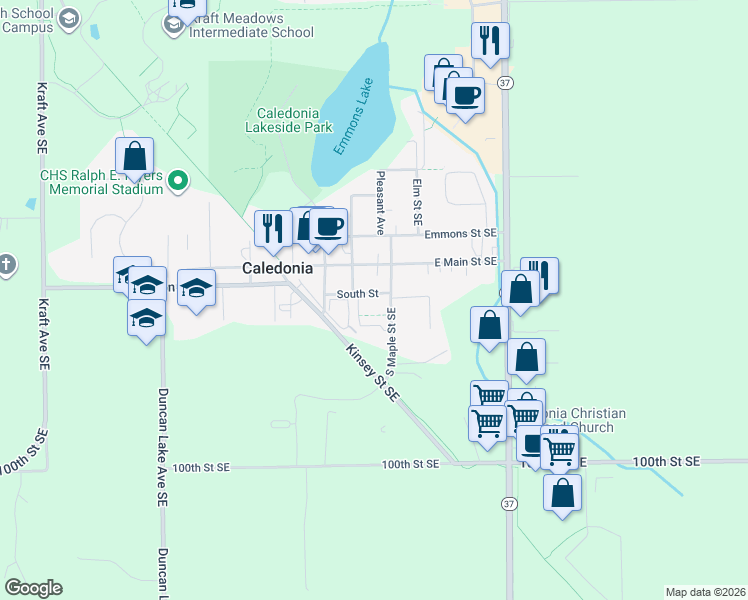 map of restaurants, bars, coffee shops, grocery stores, and more near 221 South Maple Street Southeast in Caledonia