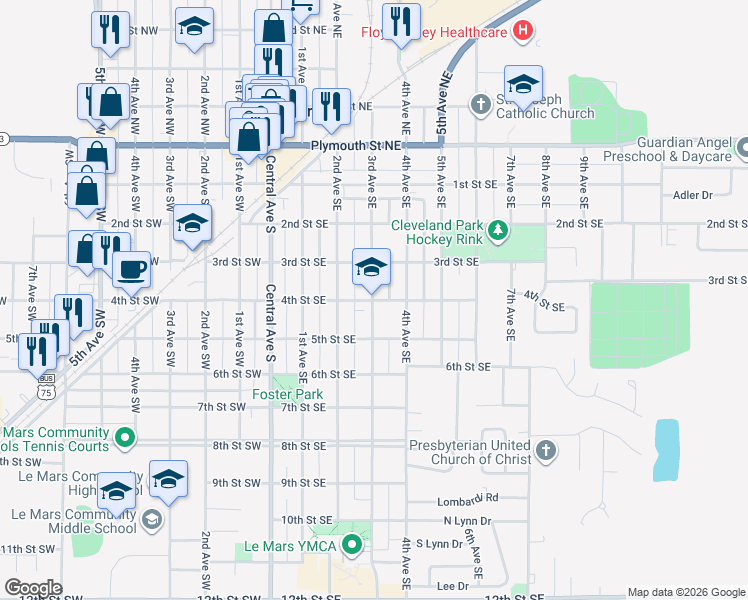 map of restaurants, bars, coffee shops, grocery stores, and more near 398 3rd Ave SE in Le Mars