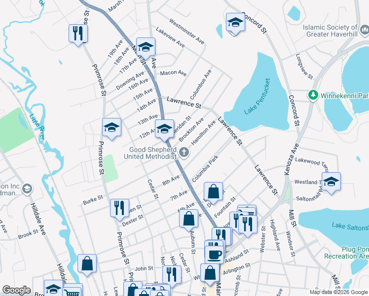 map of restaurants, bars, coffee shops, grocery stores, and more near 471 Main Street in Haverhill