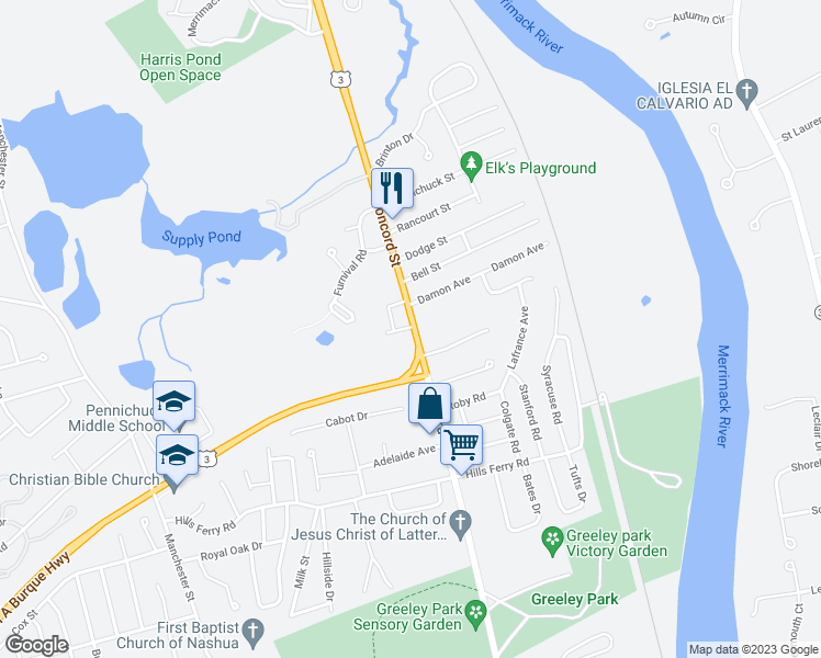 map of restaurants, bars, coffee shops, grocery stores, and more near 152 Concord Street in Nashua