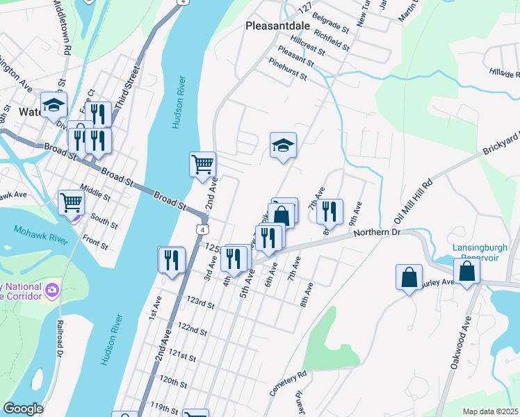 map of restaurants, bars, coffee shops, grocery stores, and more near 19 New Turnpike Road in Troy