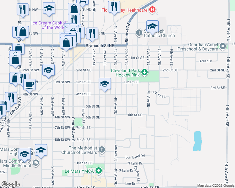 map of restaurants, bars, coffee shops, grocery stores, and more near 400-498 4th Ave SE in Le Mars