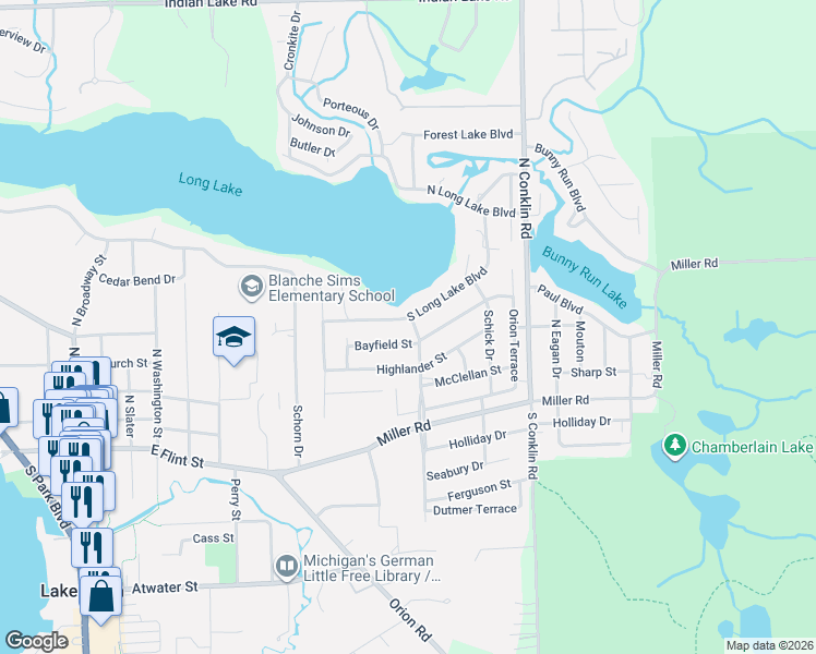 map of restaurants, bars, coffee shops, grocery stores, and more near 902 Bayfield Street in Orion charter Township